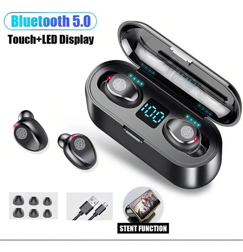 Fone De Ouvido In-ear Sem Fio F9 Preto Com Luz Led Mais