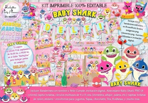 Kit Imprimible Candy Bar Baby Shark Rosa Full% Editable