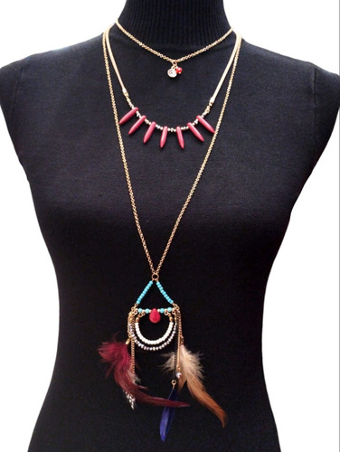 Collar Largo Diseño Cuarzo Y Plumas