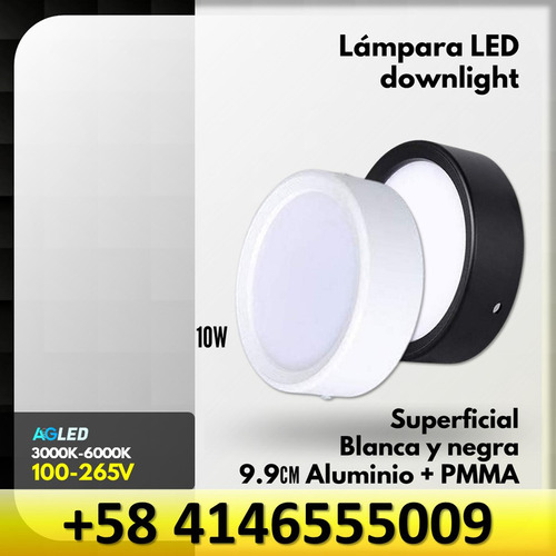 Lampara Led Downlight 10w Circular 6k 110-265v Superf Negra