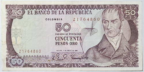 Billete 50 Pesos 01/ene/1980 Colombia Vf