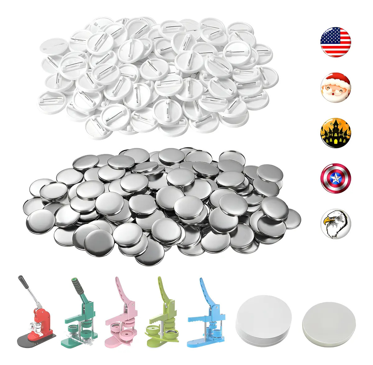 100 kits de alfileres y botones blancos de 44 mm para máquina de botones Mecolour