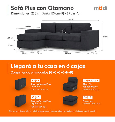Sofá Sala Seccional Modular Plus De 3 Plazas + Otomano | Gris Oscuro Liso