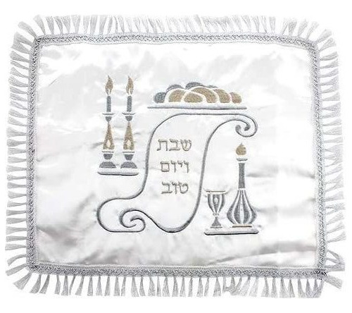 Satén Blanco Jalá Cubierta Shabbat Candelabro Bordado...