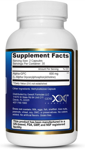 Imagen 2 de 5 de Alfa Gpc Colina 600mg Por Porción | 60 Cápsulas - Suplement