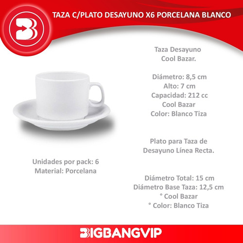 Imagen 2 de 6 de Taza Plato Desayuno X6 Porcelana Blanco 212cc
