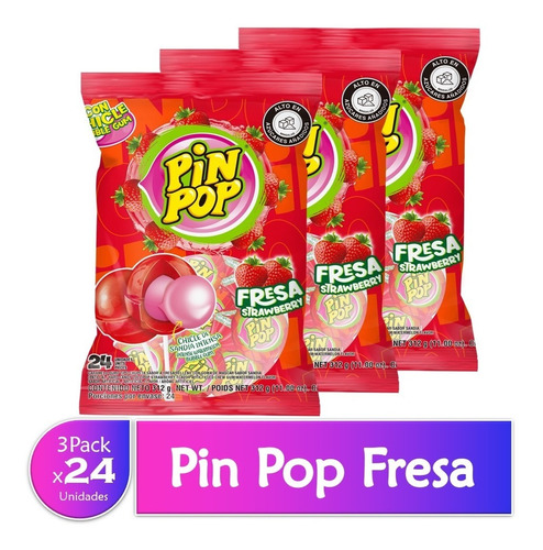 Chupete Pin Pop Relleno De Goma De Mascar 3 Paquetes X24 Uds