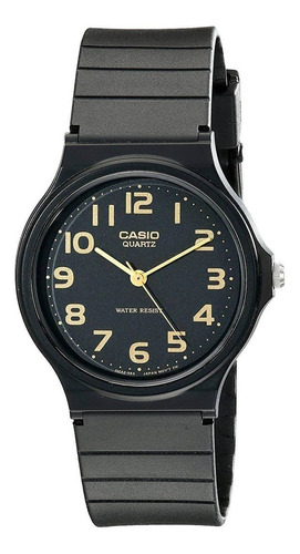 Reloj de pulsera Casio Collection MQ-24 de cuerpo color negro, analógico, fondo negro, con correa de resina color gris oscuro, agujas color dorado, dial dorado, minutero/segundero dorado, bisel color negro y hebilla simple
