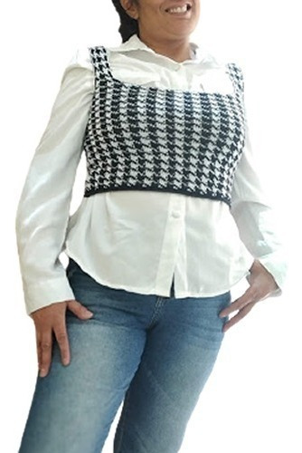 Imagem 2 de 5 de Cropped Pied Poule Blusinha Xadrez Moda Colete Sobreposição