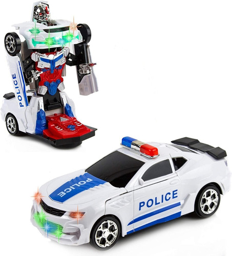 Auto Patrullero Policia Transformer Robot Luces Sonido Pilas