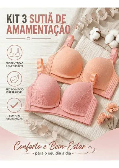 Kit 3 Sutiãs Amamentação Abertura Frontal Sem Aro Conforto Sortidas Liso G