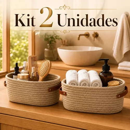 Kit 2 Cesto Organizador Banheiro Algodão Alça Couro Multiuso Bege