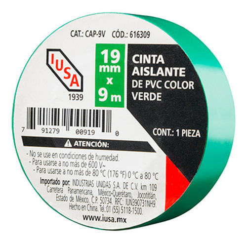Cinta Aislante 19 Mm X 9 M Verde Verde