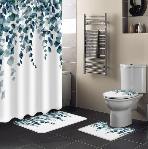 4pcs Set De Cortina De Ducha De Acuarela Con Hojas Botánicas
