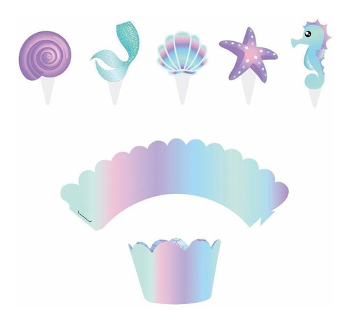  Mermaid Cupcake Toppers Wrappers Decorations,reversibl...