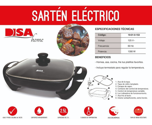 Sarten Eléctrico Antiadherente Con Termostato 1300w Disa