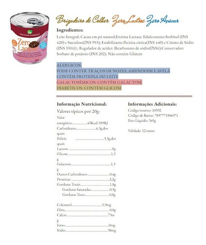 Imagem 2 de 3 de Brigadeiro Colher Zero/zero Sao Lourenco 345g