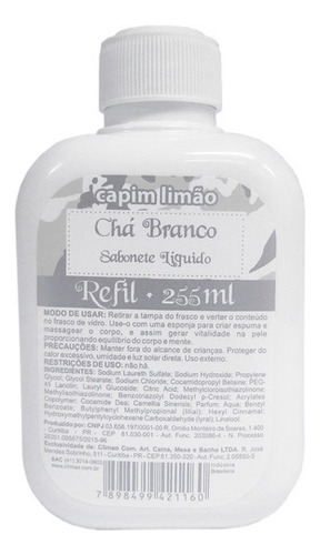 Refil Sabonete Líquido Capim Limão Aroma Chá Branco 255ml