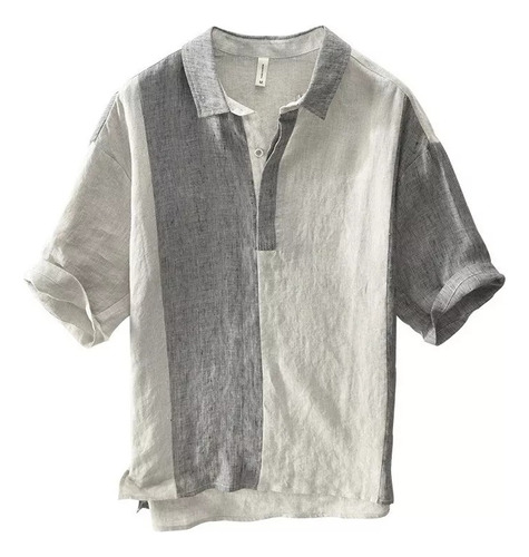 Camiseta Casual Hombre, 100% Lino, Manga Corta, Patchwork