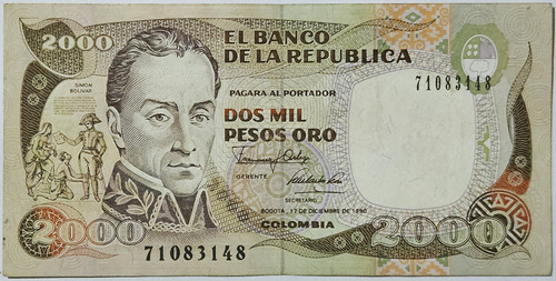 Billete 2000 Pesos 17/dic/1990 Colombia Xf