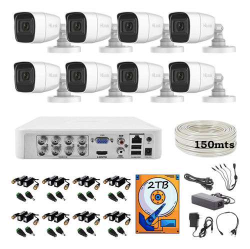 Kit Circuito Cerrado Hilook Dvr 8 Canales 8 Camaras 1080p 2mp Full Hd Audio Integrado Thc-b120-ps 150mts De Cable Utp Cat5e + Disco Duro 1tb