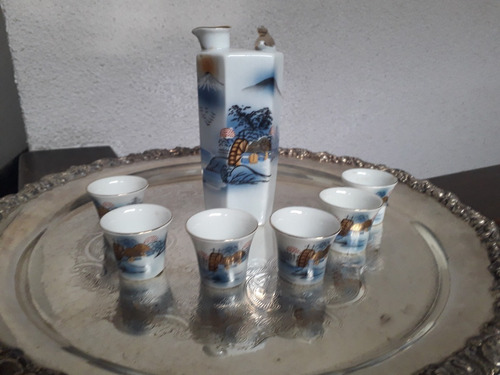 Antiguo Set Sake Botella 6 Vasos Porcelana Foto Geisha Japon