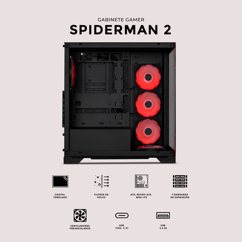 Gabinete gamer Xtreme Pc Gaming Cxtspinbk Spider-man Il V3 Edition media torre atx 5 fan Usb-c cristal templado Argb Negro