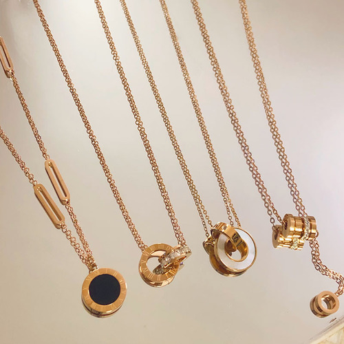 Cadena De Clavícula De Acero Titanio Para Mujer, Oro Rosa Ni