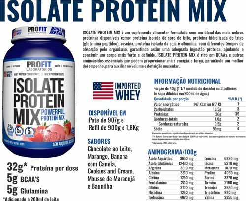 Suplemento em pó ProFit Laboratórios  Isolate Protein Mix proteínas Isolate Protein Mix sabor  morango em pote de 907g