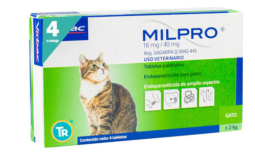 Antiparasitario Milpro Gato +2kg Caja X 4 Comp