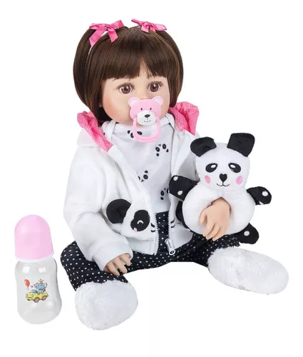 Boneca Bebê Reborn Silicone Menina Olhos Castanhos 48cm Com