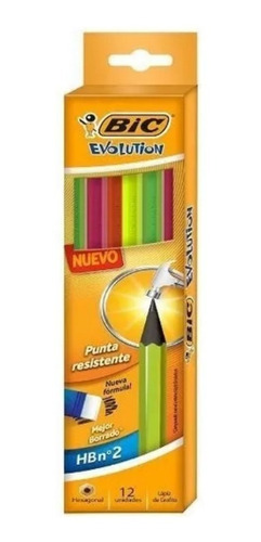  Caja X 12 Lapiz Negro Grafito Bic Evolution Nº 2 Hb Neon