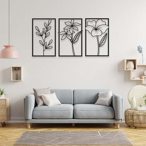 Cuadro Decorativo Triptico Hojas Circulos Calado Mdf 80x40cm Deco Primera Junta
