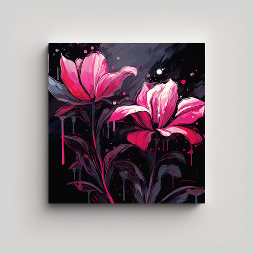 20x20cm Lienzo Composición Tela Neonoir Negro Y Rosa Flores