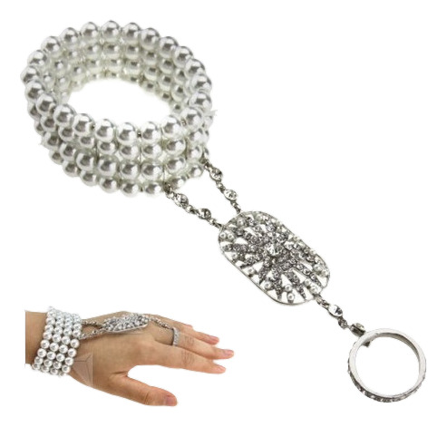 Blanco 1920 Gran Gatsby Perla Cadena Esclava Pulsera + Anill