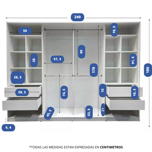 Placard Ropero Carpintería Rivadavia 240 x 180 - Puertas Corredizas - Perfileria de Aluminio Superior e Inferior