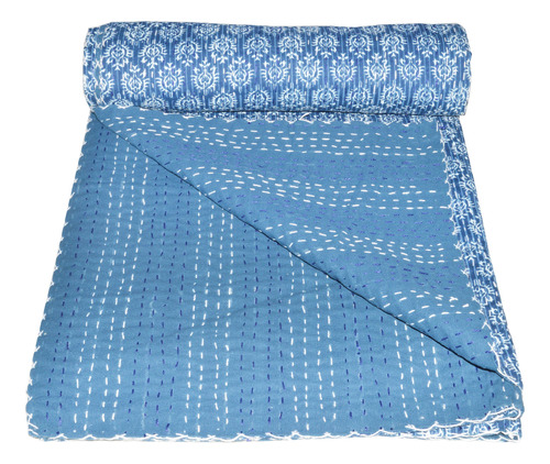 Vedant Designs Edredon Kantha De Algodon Azul Indigo, Colcha