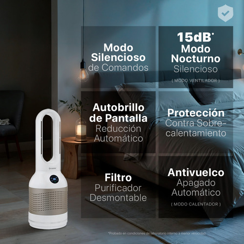 Ventilador Purificador Calentador 3 En 1 Esquimal, 8 Velocidades, 3 Niveles De Calefacción, Temporizador, (Chico, Dorado - Blanco)