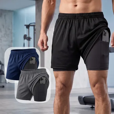 Kit 2 Bermuda 2 Em 1 Masculina Treino Academia Sem Marcar Cinza- Azul Liso M