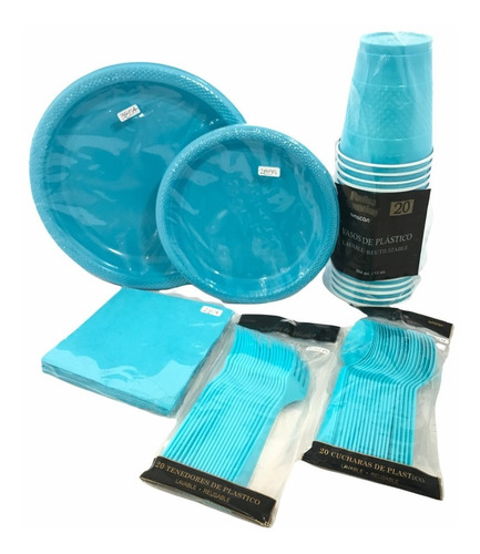 Súper Kit Azul Caribe Desechables P 20 Platos Vaso Serv Cubs