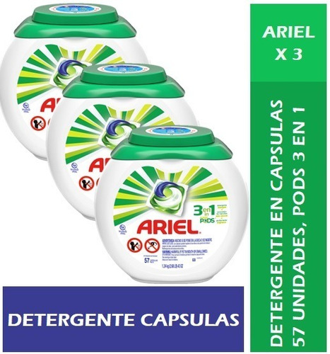 Imagen 1 de 4 de Pack 3 Detergente Ariel En Capsulas, 57 Pods.