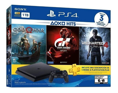 Sony PlayStation 4 Slim 1TB Hits Bundle: God of War/Gran Turismo Sport/Uncharted 4: A Thief's End cor  preto onyx