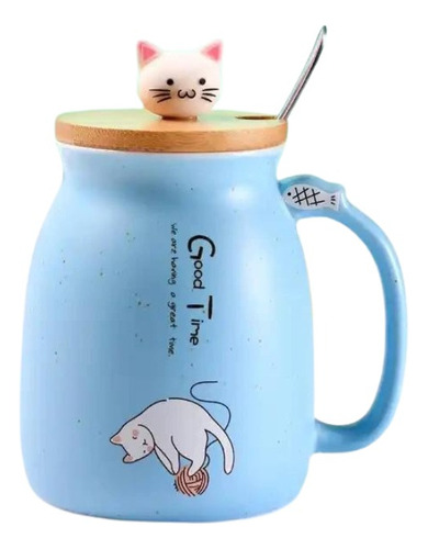 Taza Cerámica Gato 400 Ml Con Cuchara. Varios Colores