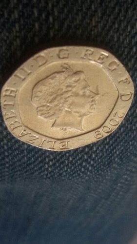 2009 Twenty Pence Error Die Chip Doubled Die Reyna Pinocho. (Usado)