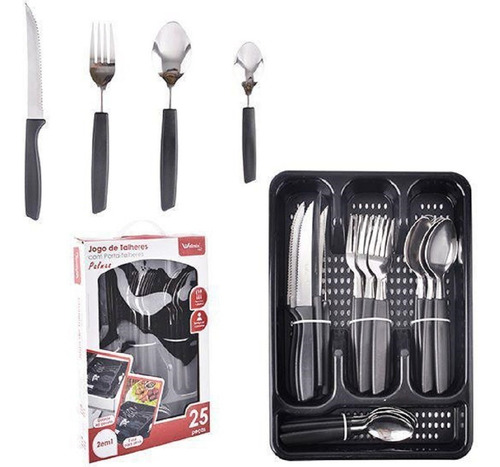 Kit 24 Talheres Garfo Faca Colher Inox Gaveteiro Faqueiro Cor Preto