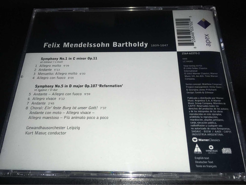 Mendelssohn Symphonies N*.1 & N*. 5 Cd Nuevo Cerrado