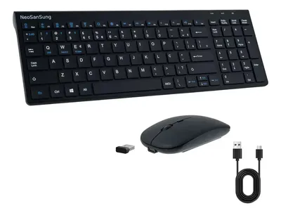 Kit Teclado e Mouse 2.4G Sem Fio Recarregável Slim para Notebook e Desktop