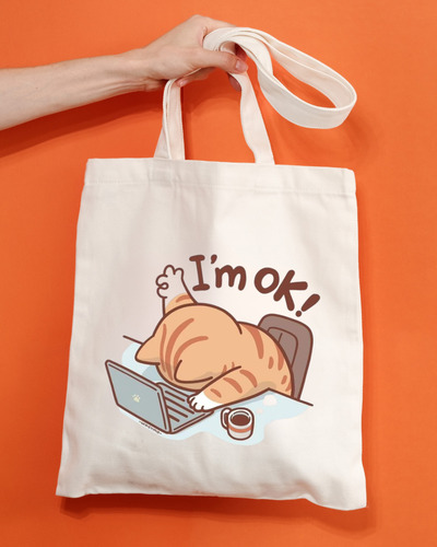 Tote Bag Tela - Estampado De Gato I'm Ok - 40x35cm Beige Gato Ok