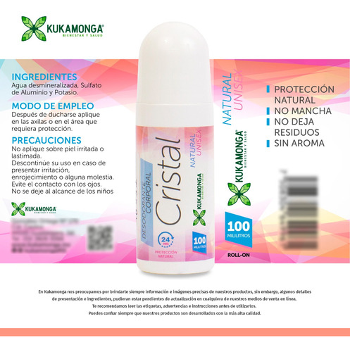 Desodorante Natural Roll On Unisex 24 Hrs, Cristal -100 Ml