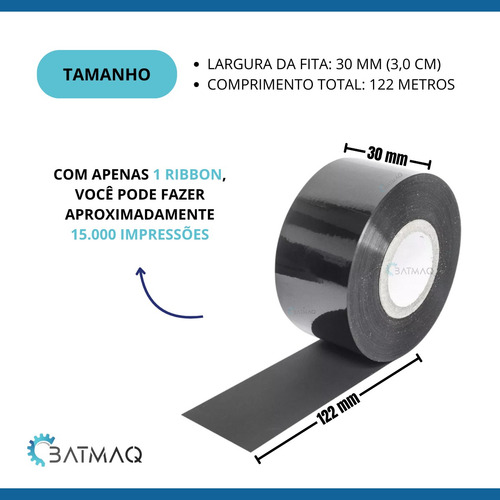 Fita Ribbon Preta Para Datador De 30mm E 122 Metros - 10 Und